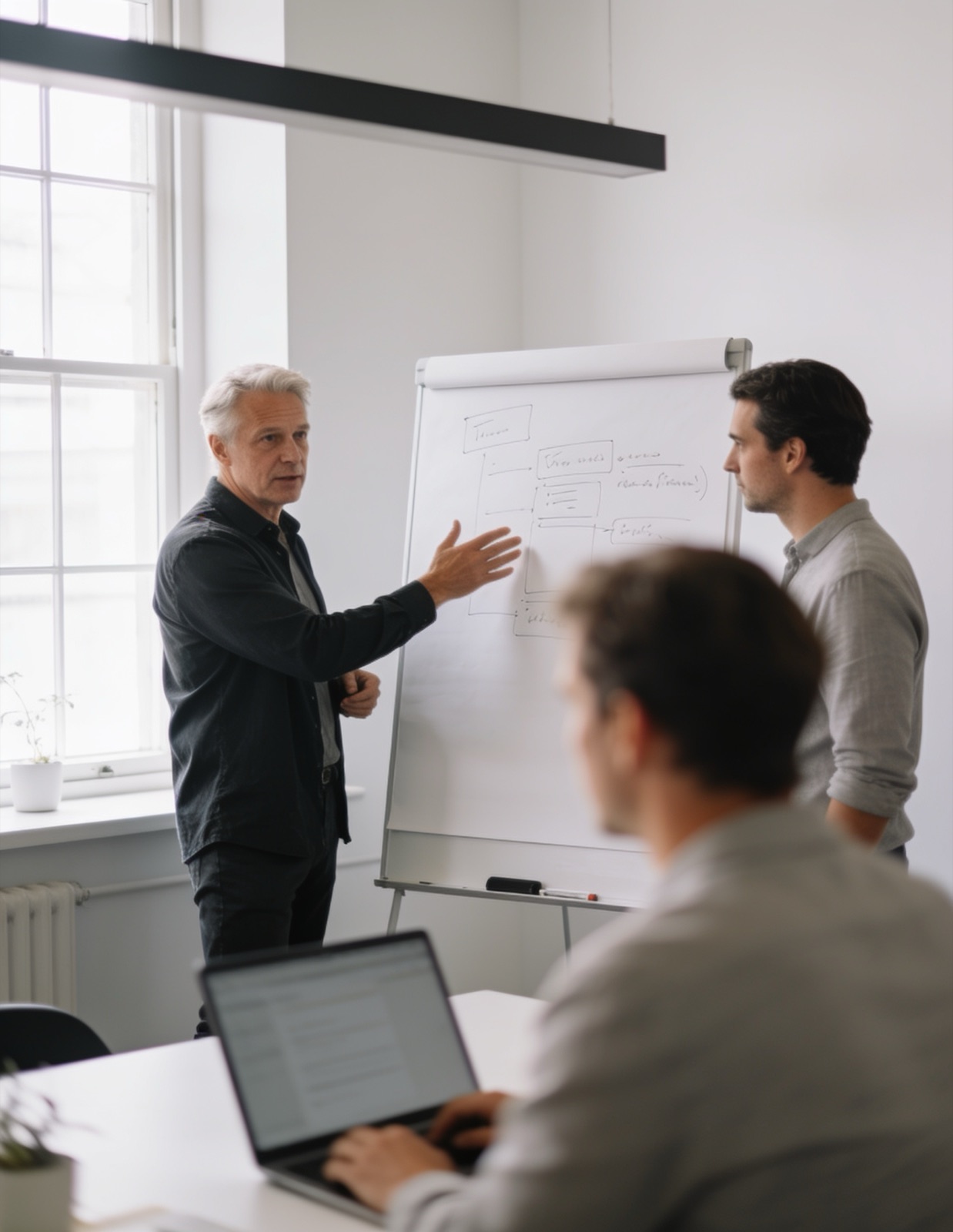 Team discussing a system diagram at a whiteboard in a bright studio